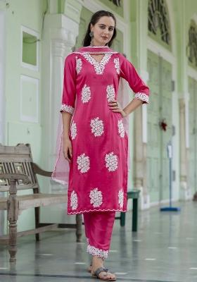 Pink Embroidered Silk Blend Salwar Kameez With Dupatta