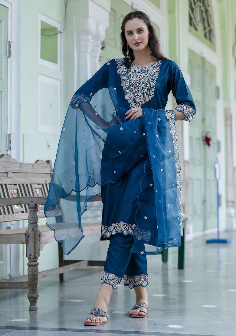 Teal Blue Embroidered Silk Blend Straight Kurta Set - Indya
