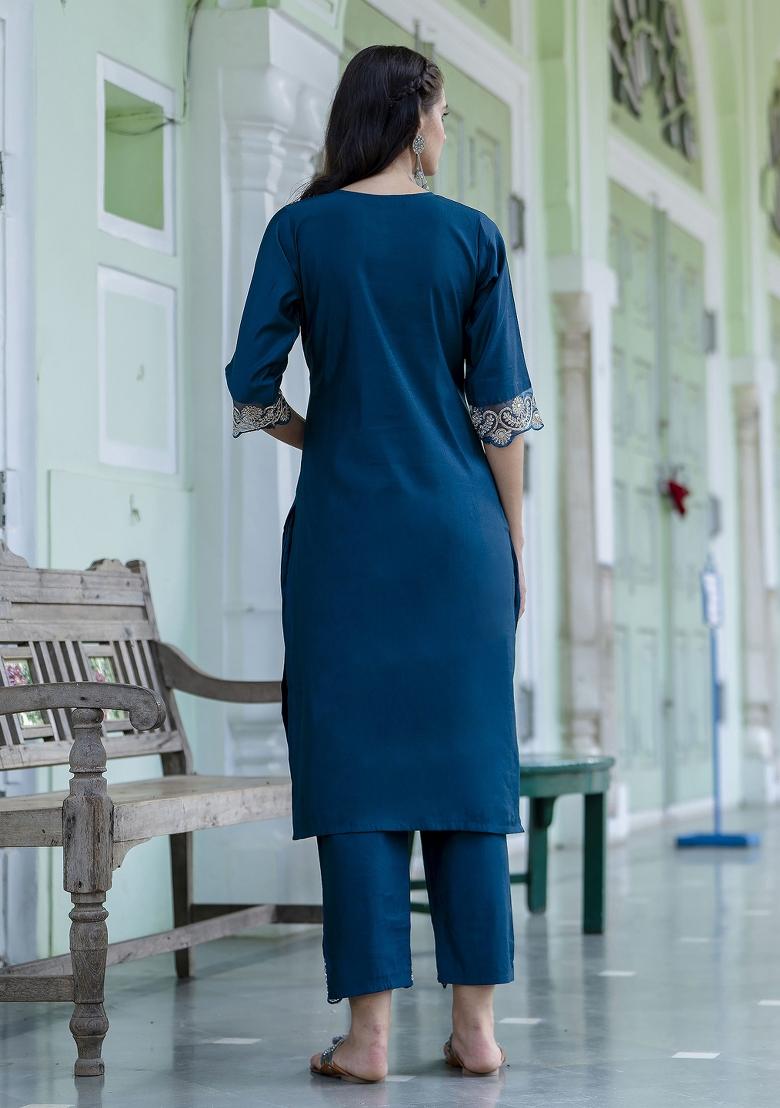 Teal Blue Embroidered Silk Blend Salwar Kameez With Dupatta