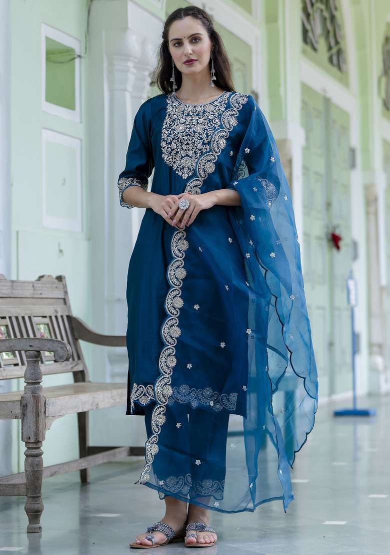 Teal Blue Embroidered Silk Blend Straight Kurta Set - Indya