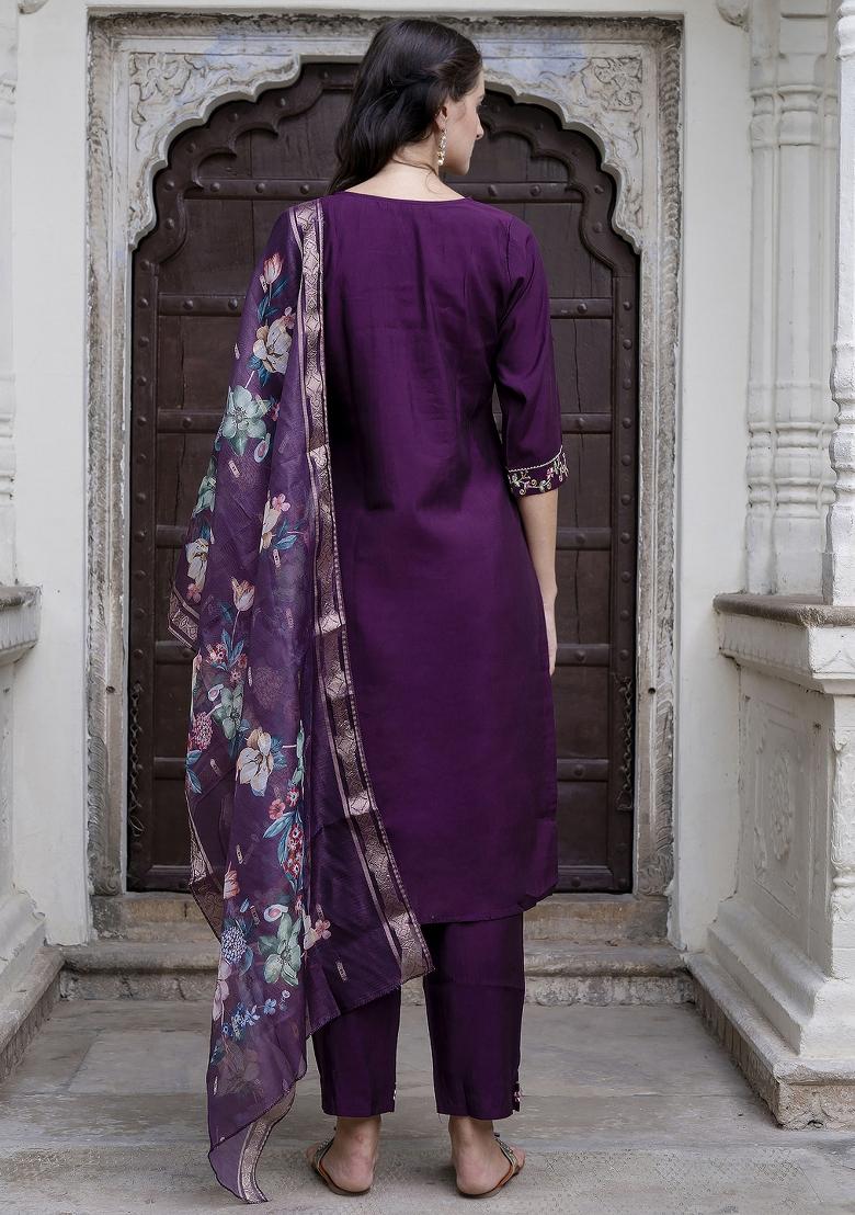 Purple Embroidered Viscose Salwar Kameez With Dupatta