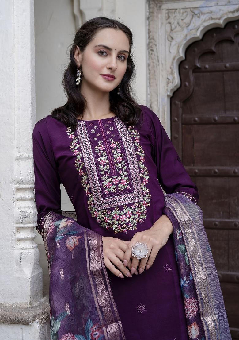 Purple Embroidered Viscose Salwar Kameez With Dupatta
