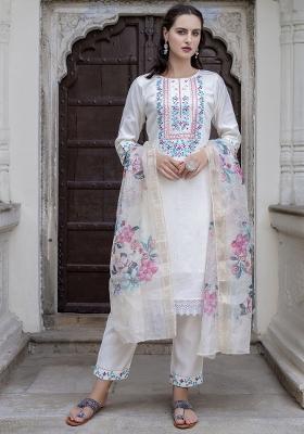 White Embroidered Viscose Salwar Kameez With Dupatta