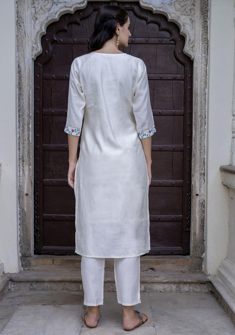 White Embroidered Viscose Salwar Kameez With Dupatta