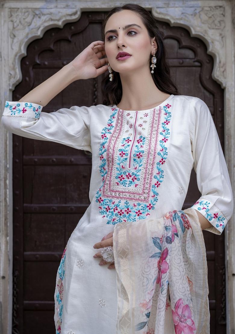 White Embroidered Viscose Salwar Kameez With Dupatta