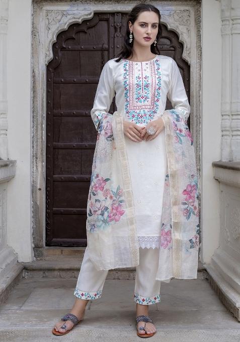 White Embroidered Viscose Salwar Kameez With Dupatta