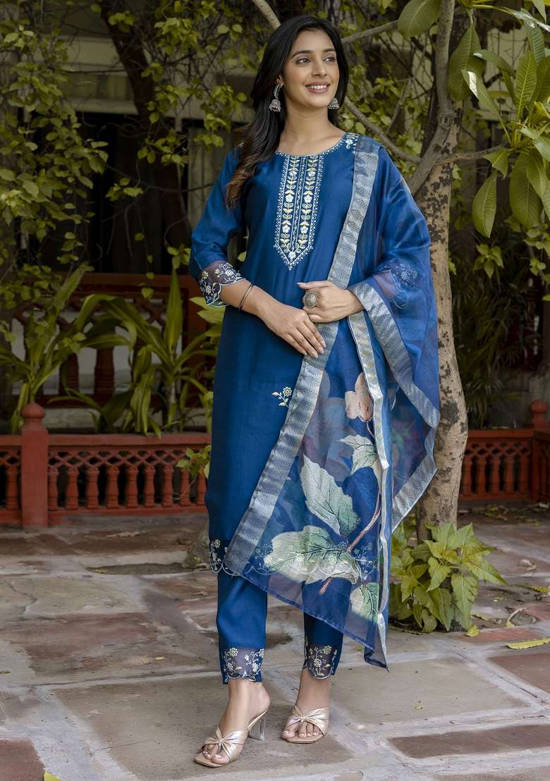 Blue Embroidered Viscose Straight Kurta Set - Indya