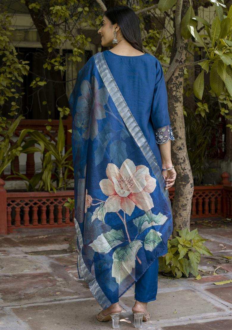 Blue Embroidered Viscose Salwar Kameez With Dupatta