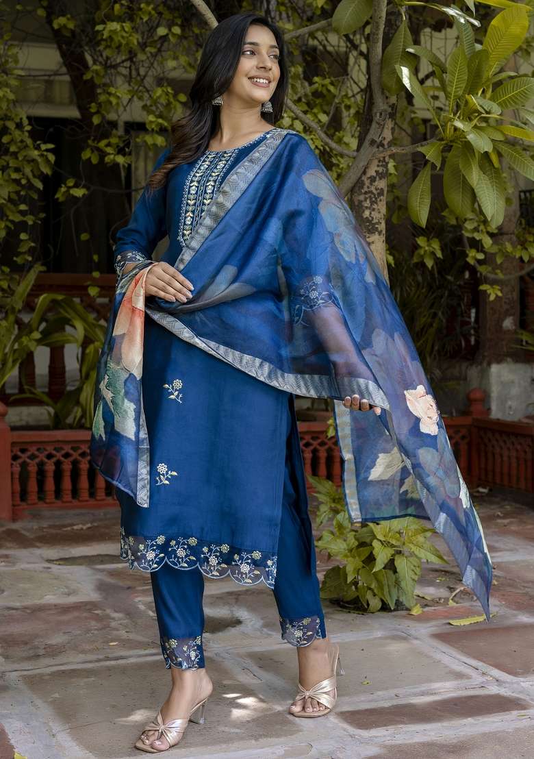 Blue Embroidered Viscose Straight Kurta Set - Indya