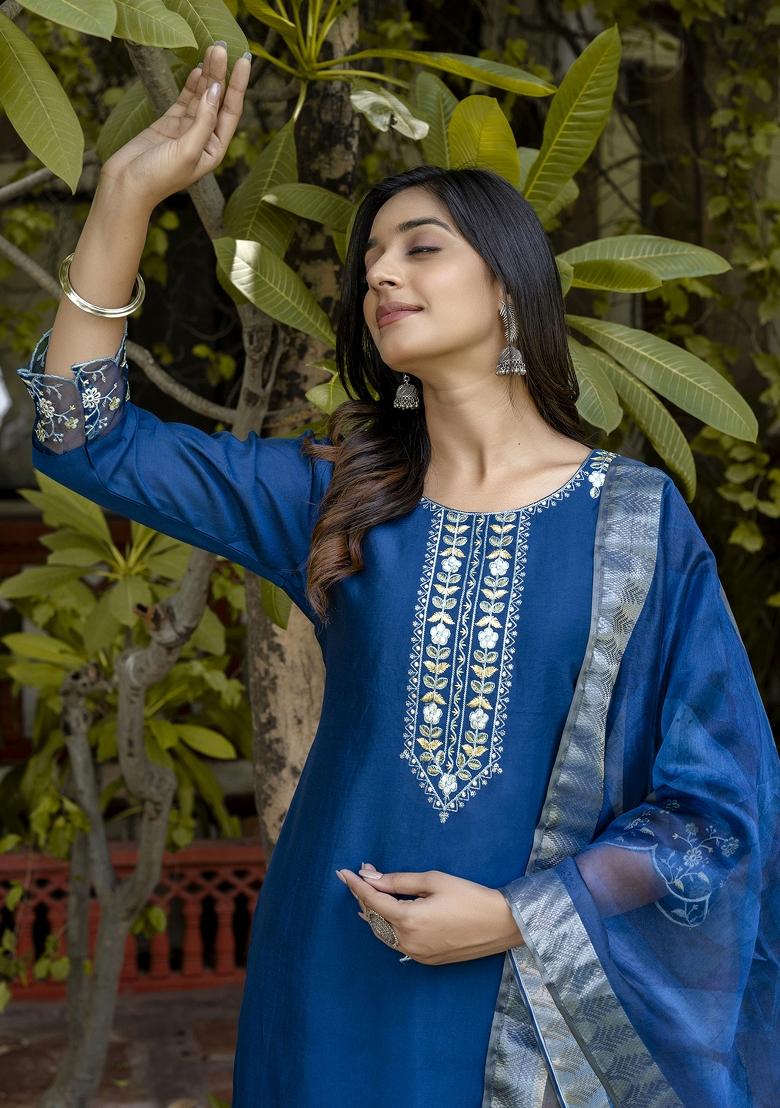 Blue Embroidered Viscose Salwar Kameez With Dupatta