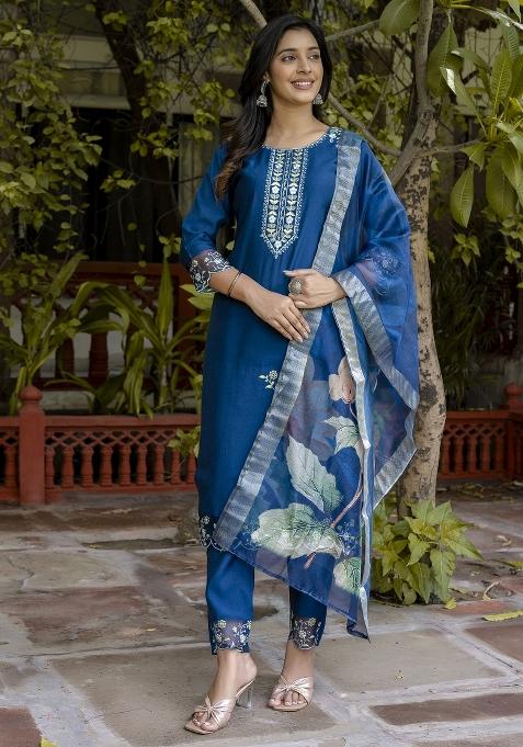 Blue Embroidered Viscose Salwar Kameez With Dupatta