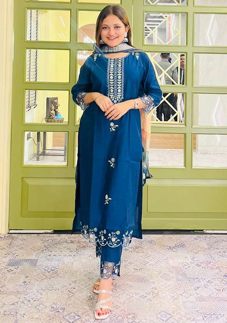 Blue Embroidered Viscose Straight Kurta Set - Indya