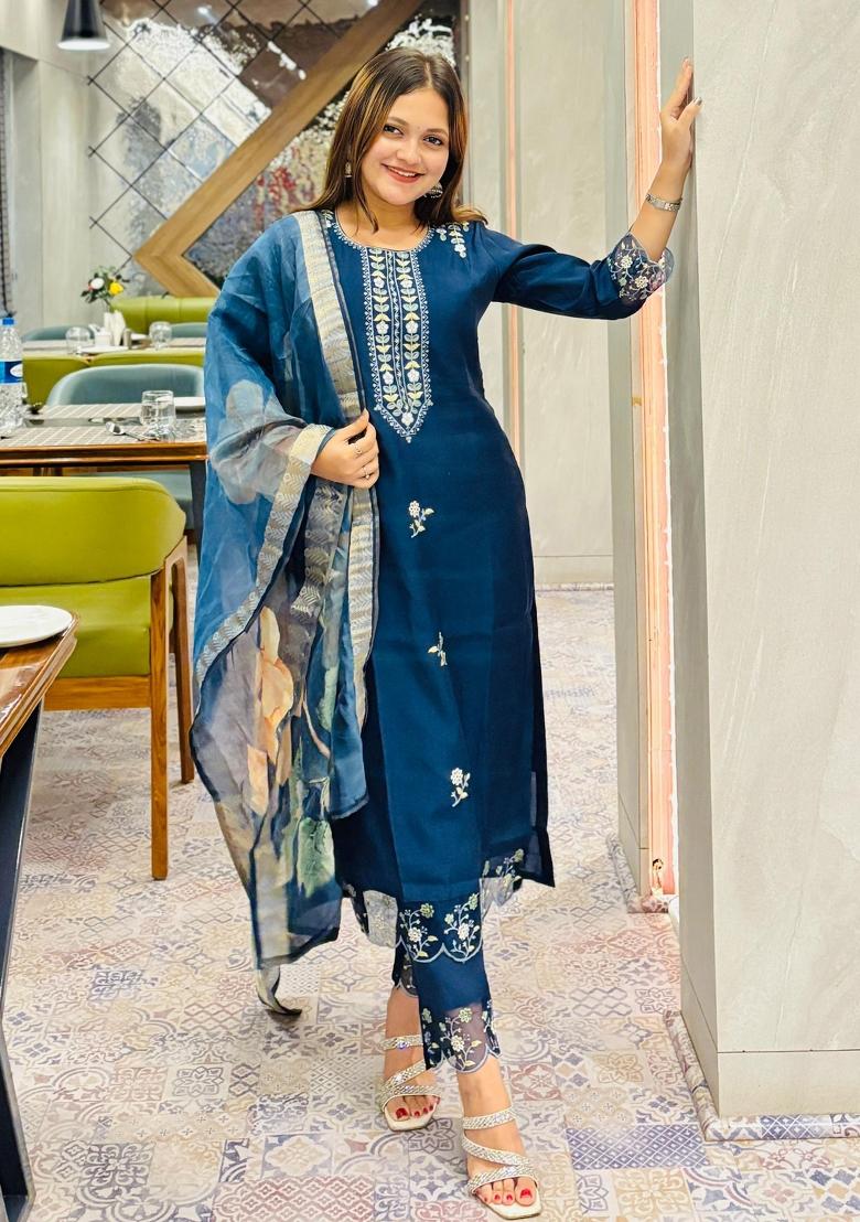 Blue Embroidered Viscose Salwar Kameez With Dupatta