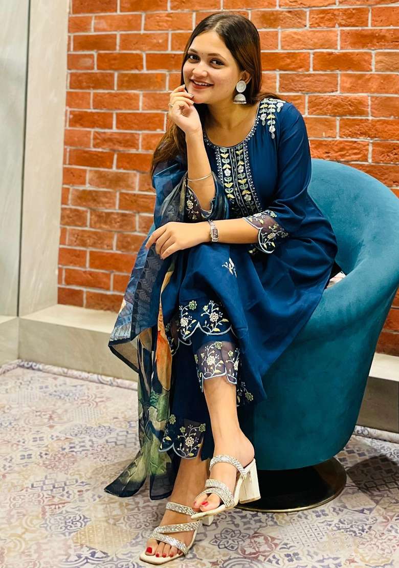 Blue Embroidered Viscose Straight Kurta Set - Indya