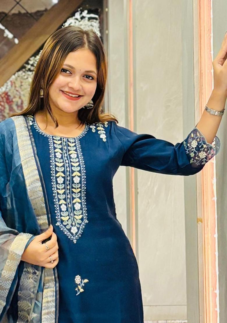 Blue Embroidered Viscose Salwar Kameez With Dupatta