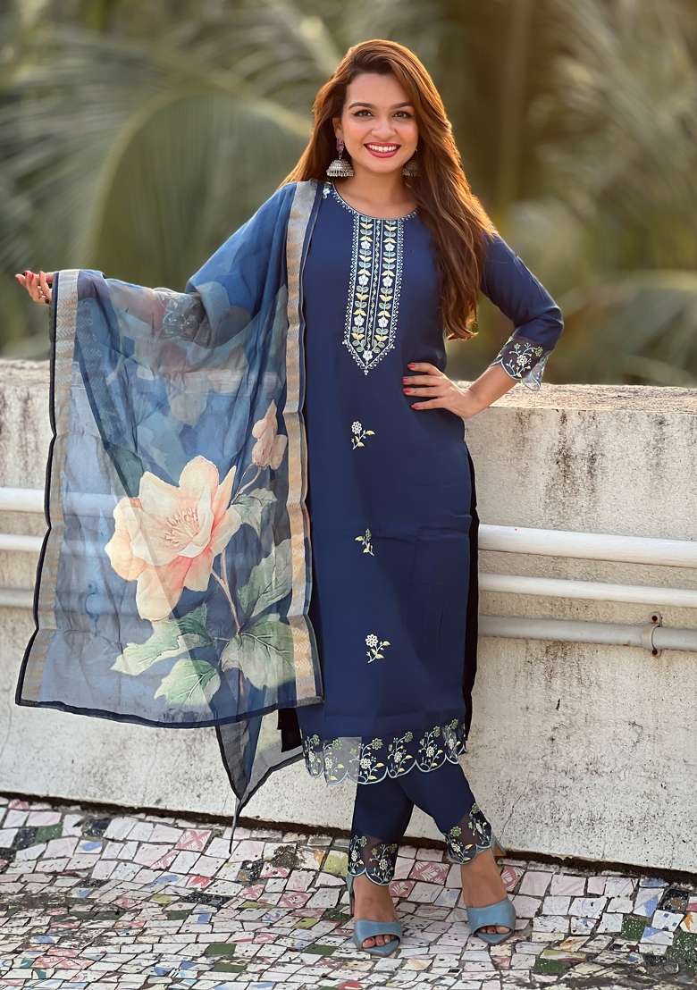 Blue Embroidered Viscose Straight Kurta Set - Indya
