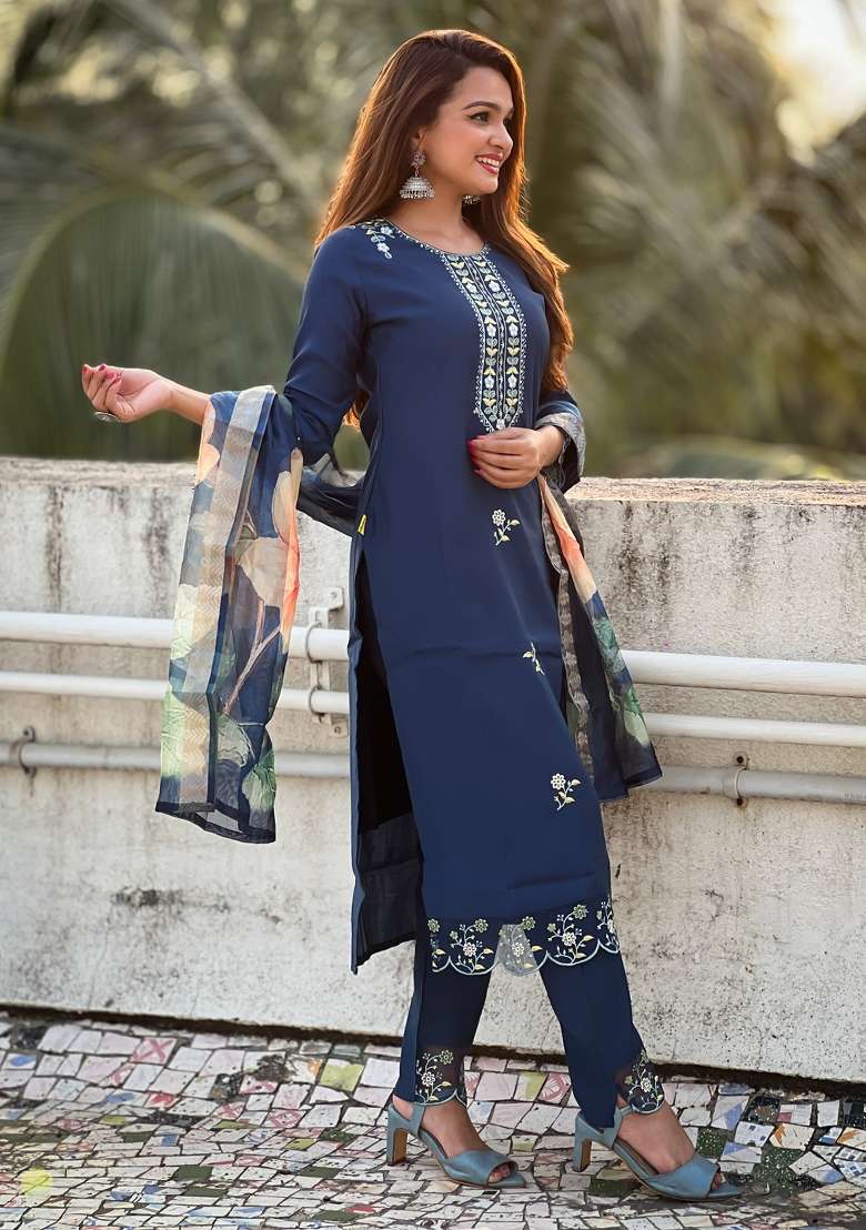 Blue Embroidered Viscose Straight Kurta Set - Indya