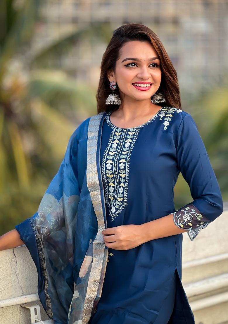 Blue Embroidered Viscose Salwar Kameez With Dupatta