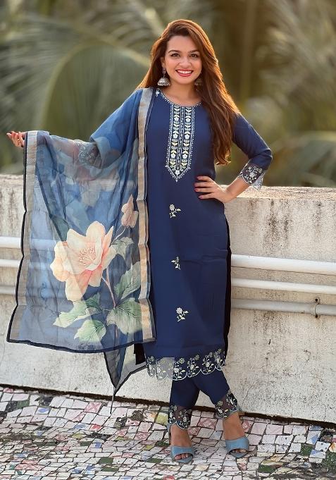 Blue Embroidered Viscose Salwar Kameez With Dupatta