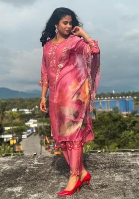 Gajri Pink Embroidered Viscose Salwar Kameez With Dupatta