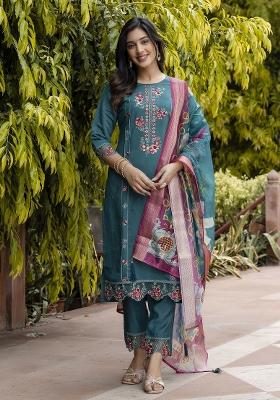 Green Embroidered Viscose Salwar Kameez With Dupatta