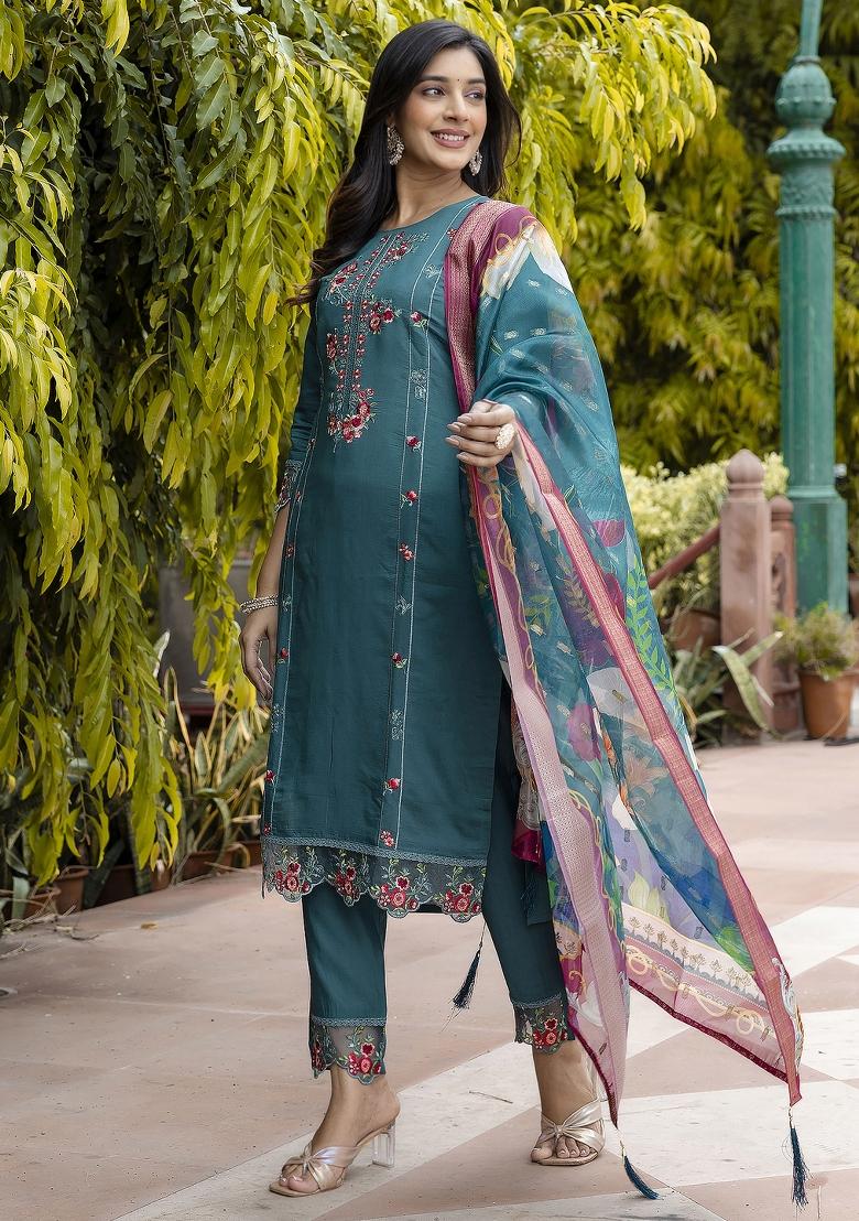 Green Embroidered Viscose Salwar Kameez With Dupatta