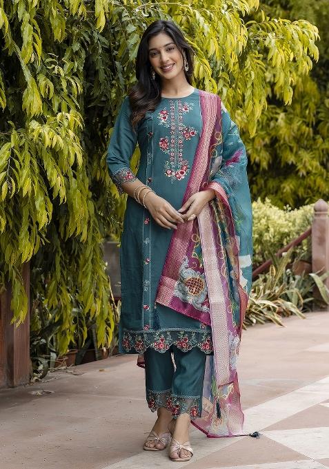 Green Embroidered Viscose Salwar Kameez With Dupatta