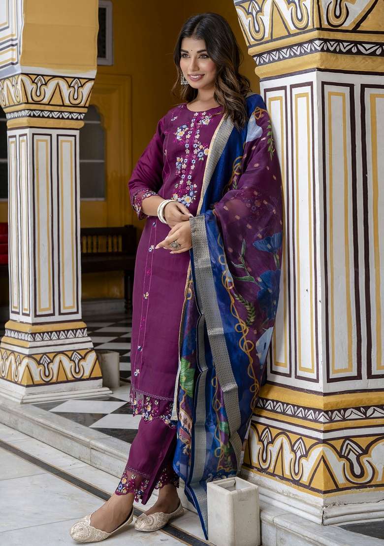 Purple Embroidered Viscose Straight Kurta Set - Indya