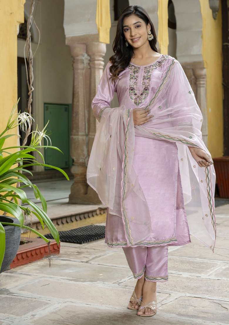 Lavender Embroidered Silk Blend Straight Kurta Set - Indya