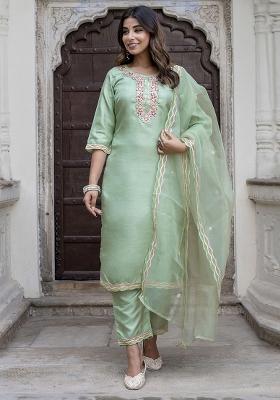 Pista Green Embroidered Silk Blend Salwar Kameez With Dupatta