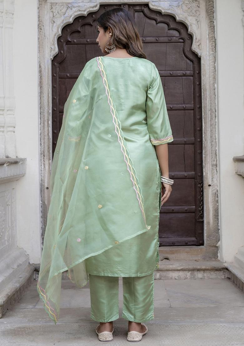 Pista Green Embroidered Silk Blend Salwar Kameez With Dupatta