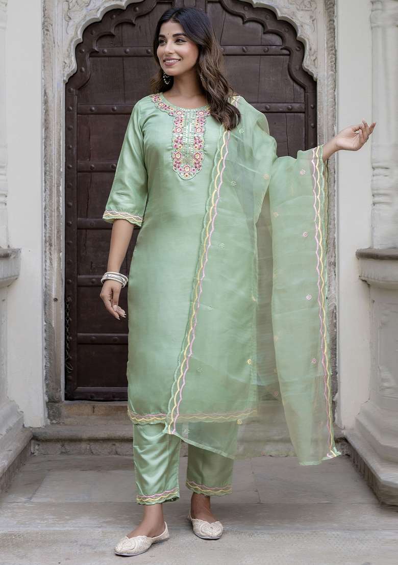 Pista Green Embroidered Silk Blend Salwar Kameez With Dupatta - Indya
