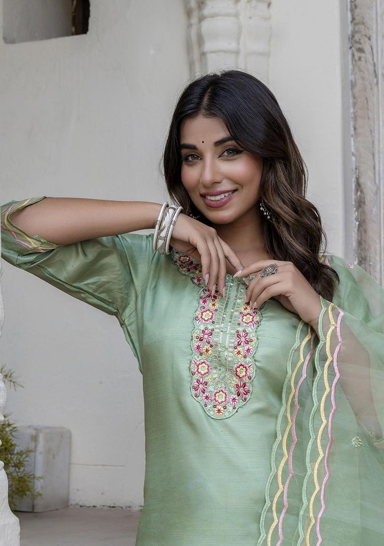 Pista Green Embroidered Silk Blend Salwar Kameez With Dupatta