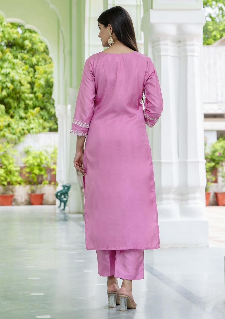 Pink Embroidered Silk Blend Salwar Kameez With Dupatta