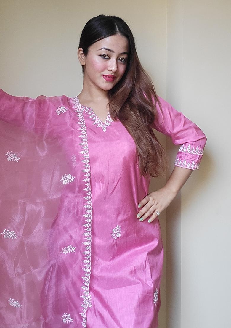 Pink Embroidered Silk Blend Salwar Kameez With Dupatta