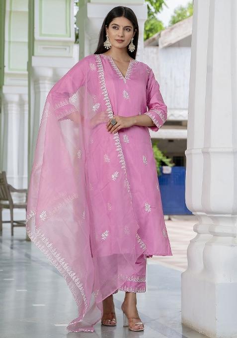Pink Embroidered Silk Blend Salwar Kameez With Dupatta