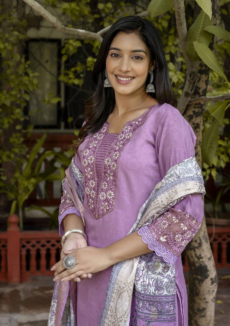 Lavender Embroidered Silk Blend Salwar Kameez With Dupatta