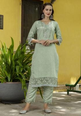Pista Green Embroidered Silk Blend Salwar Kameez With Dupatta