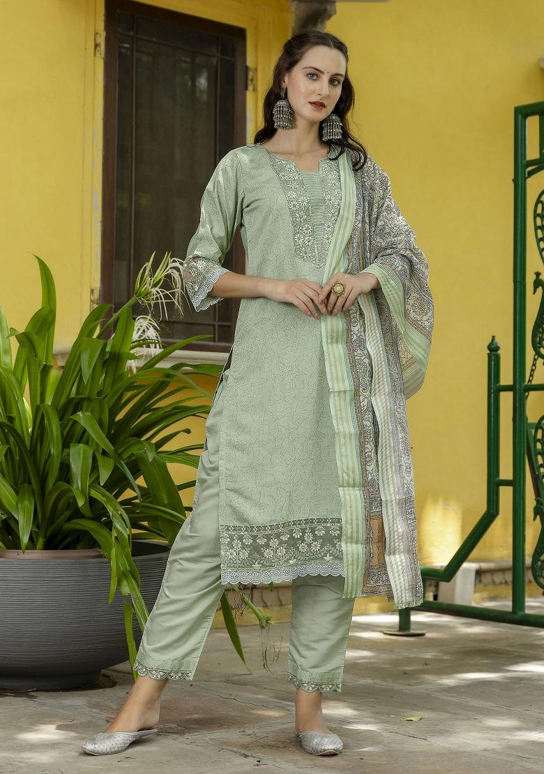 Pista Green Embroidered Silk Blend Salwar Kameez With Dupatta