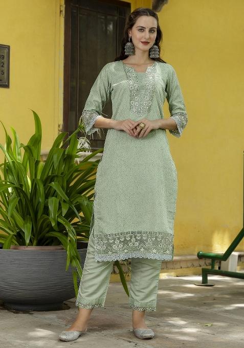 Pista Green Embroidered Silk Blend Salwar Kameez With Dupatta