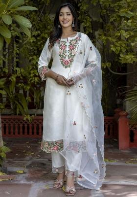 White Embroidered Silk Blend Salwar Kameez With Dupatta