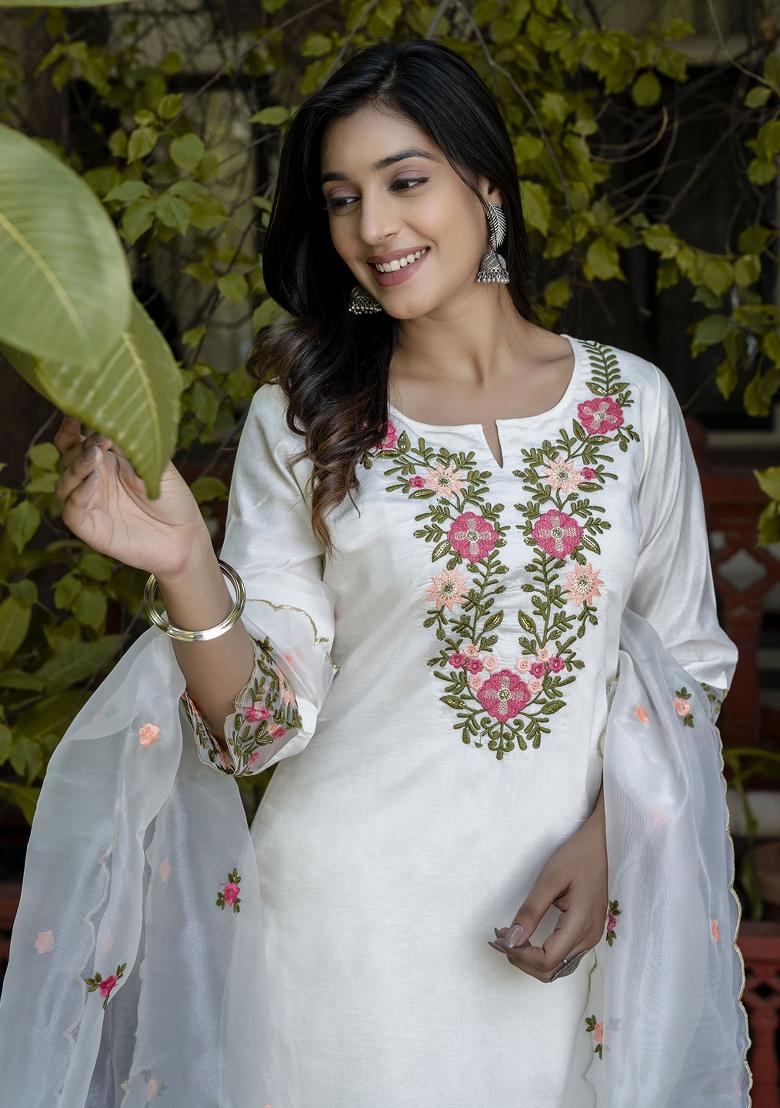 White Embroidered Silk Blend Salwar Kameez With Dupatta