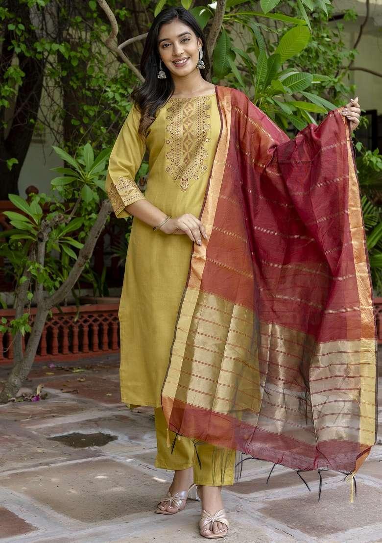 Mehendi Green Embroidered Cotton Straight Kurta Set - Indya