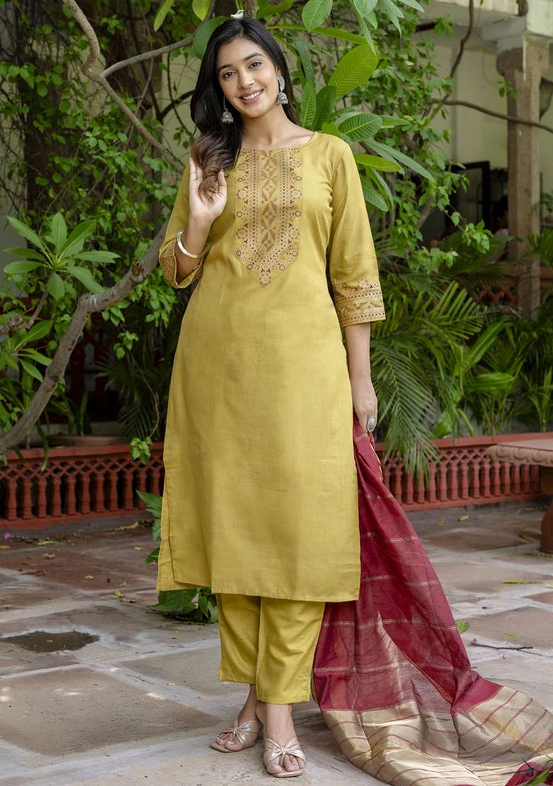Mehendi Green Embroidered Cotton Straight Kurta Set - Indya