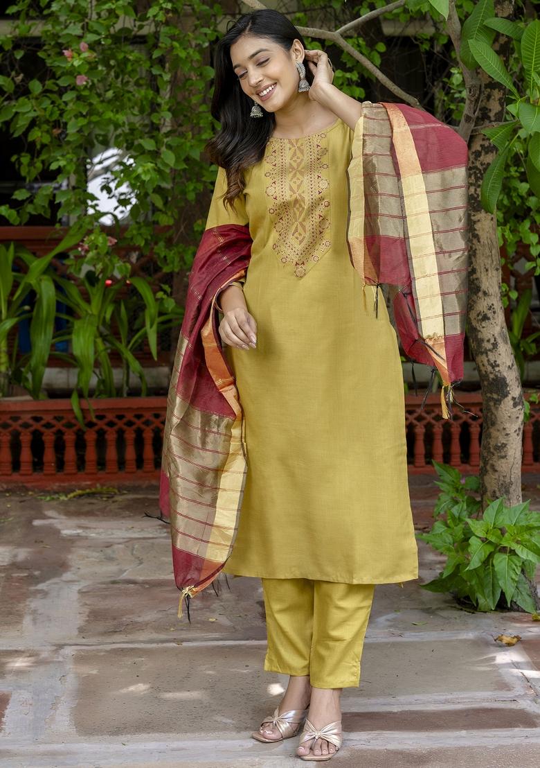 Mehendi Green Foil Print Cotton Blend Salwar Kameez With Dupatta