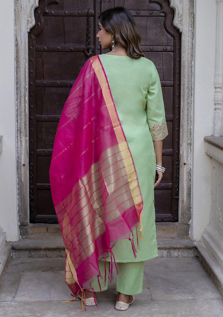 Pista Green Foil Print Cotton Blend Salwar Kameez With Dupatta