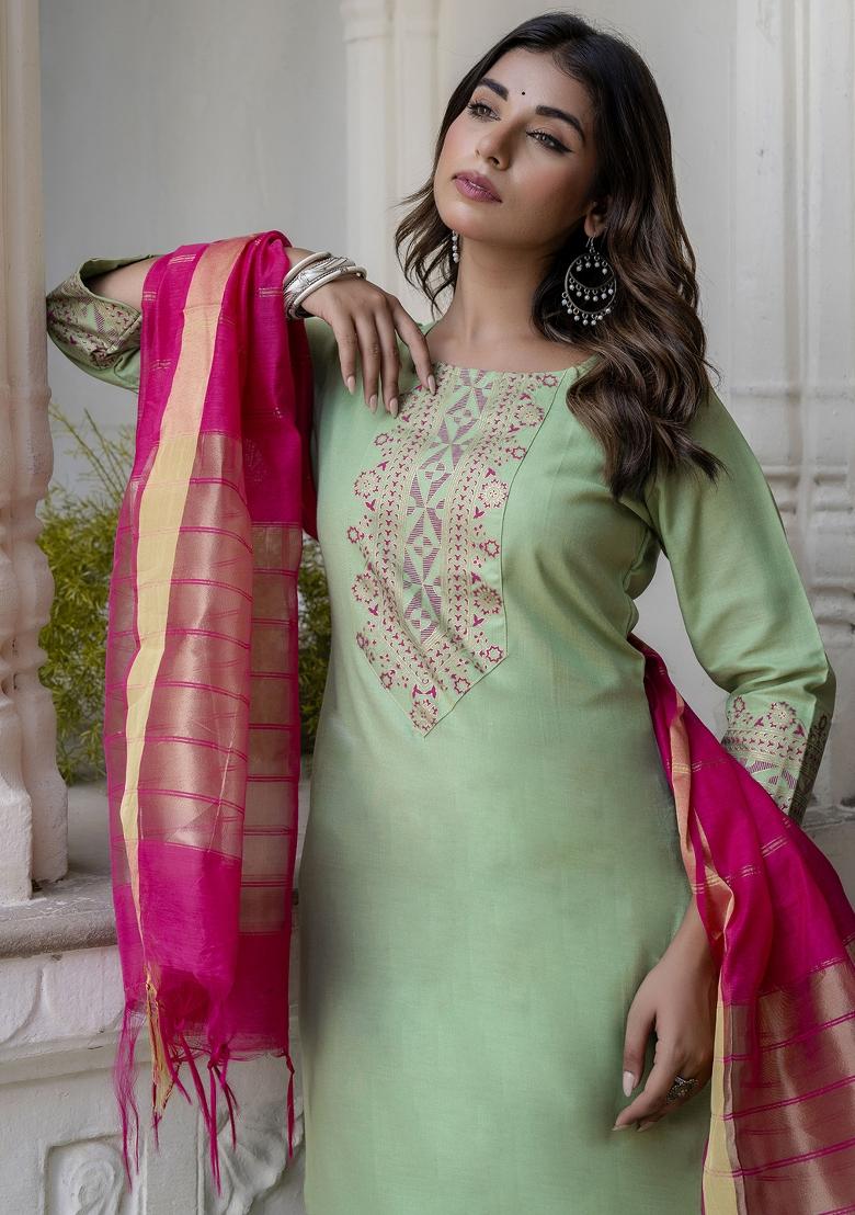 Pista Green Foil Print Cotton Blend Salwar Kameez With Dupatta