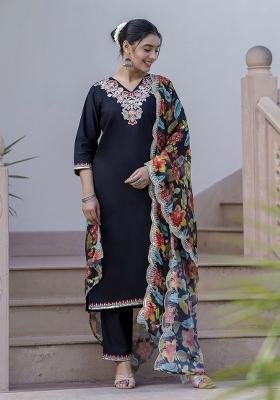 Black Embroidered Silk Blend Salwar Kameez With Dupatta