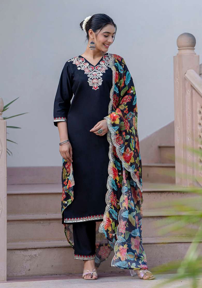 Black Embroidered Silk Blend Straight Kurta Set - Indya