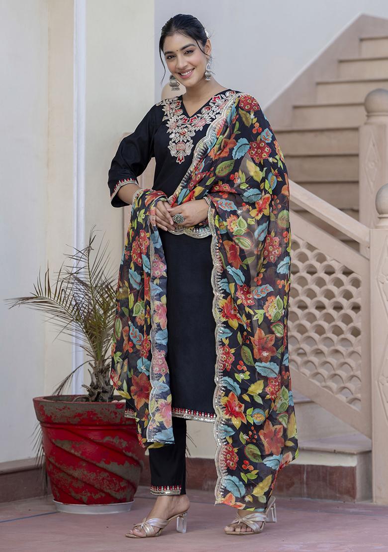 Black Embroidered Silk Blend Salwar Kameez With Dupatta